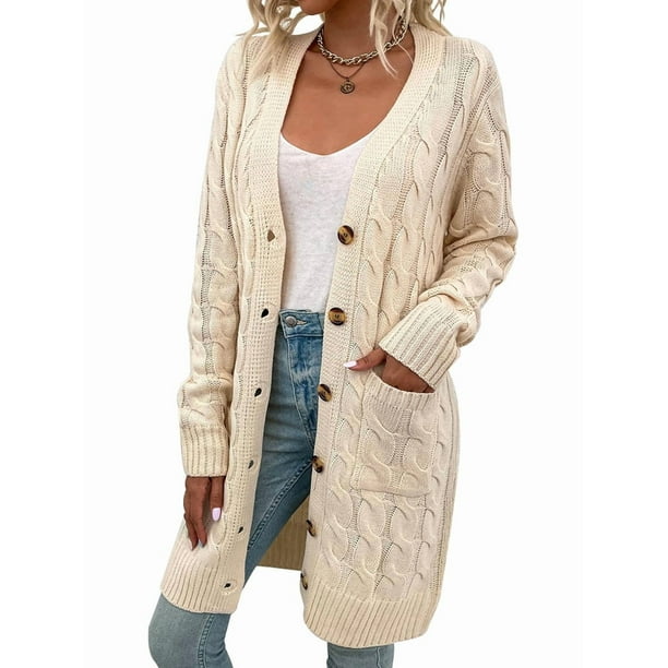 Suéter Cárdigan de Larga para Mujer, Otoño e Invierno, Tejido de Punto , con Botones Delanteros, Abrigo Crema M
