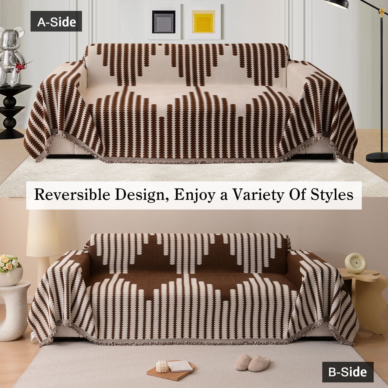 Eurhowing Boho Couch Cover for 2-3 Cushion Couch, Chenille Sofa Cover Blanket with a Pillowcase, Anti-Slip Tassel Sofa Slipcover for Pet, (71'' x 118'', Coffee)