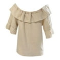 thumbnail image 6 of iHengLiXing Boat Neck Off Shoulder Tops for Women Women Fashion Ruffled Loose Color Short Sleeved Off Shoulder Casual Tops Beige XXL, 6 of 7
