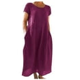 thumbnail image 1 of CHOK Robe en Lin Décontractée à Manches Courtes Col Rond pour Femmes Couleur Unie Coton Lin Robe d'Été 2024 avec Poches Gris TG, 1 of 5