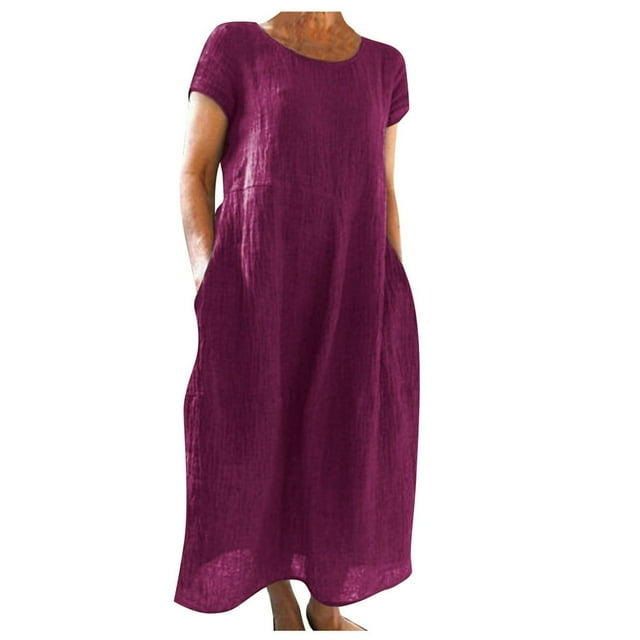 CHOK Robe en Lin Décontractée à Manches Courtes Col Rond pour Femmes Couleur Unie Coton Lin Robe d'Été 2024 avec Poches Gris TG