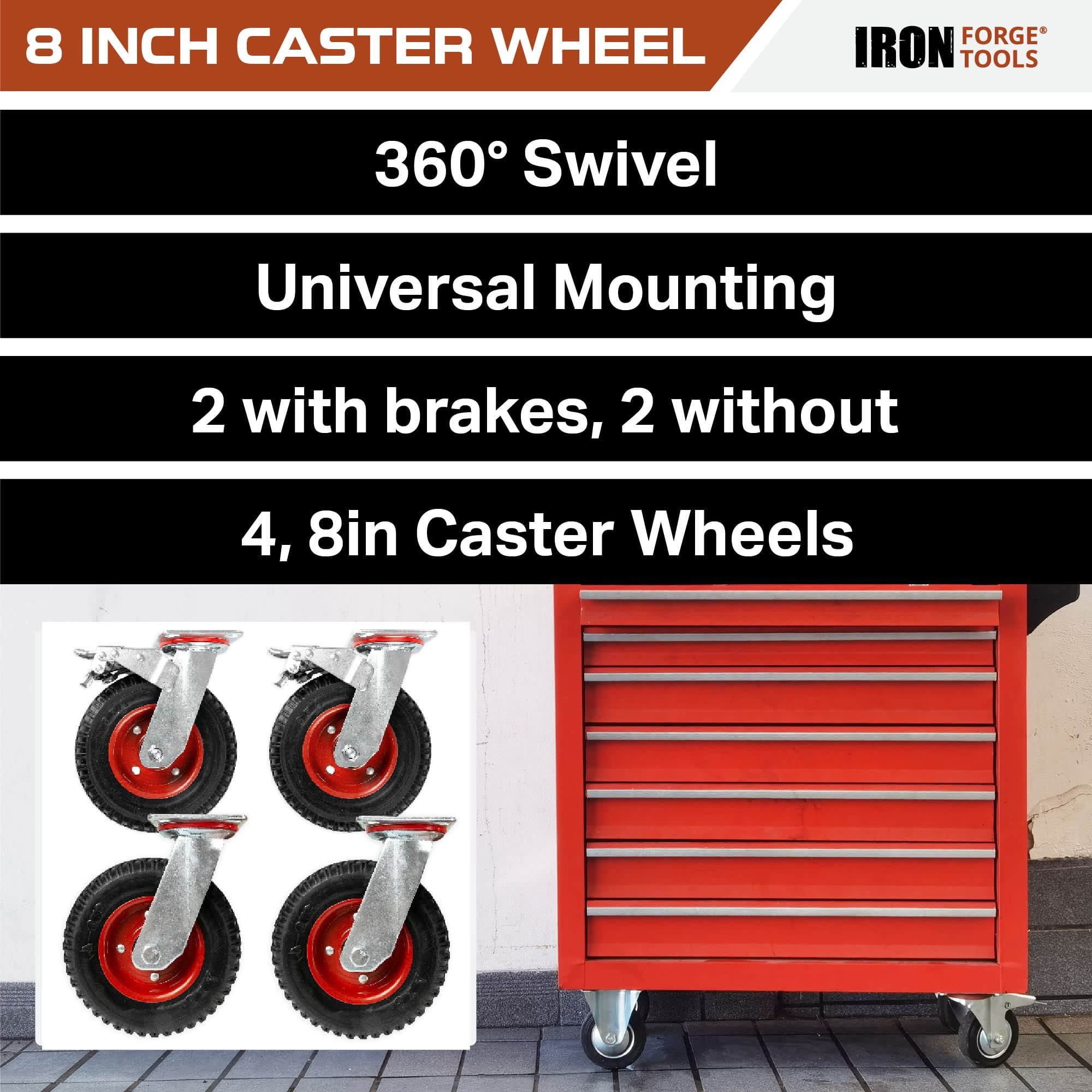 Iron Forge Tools Heavy Duty Swivel Knobby Caster, 7-7/8" Diameter, Set of 4 Flat-Free Solid Rubber Knobby Tread Caster Wheels, with Swiveling Bases, Two Casters with Brakes and Two Without
