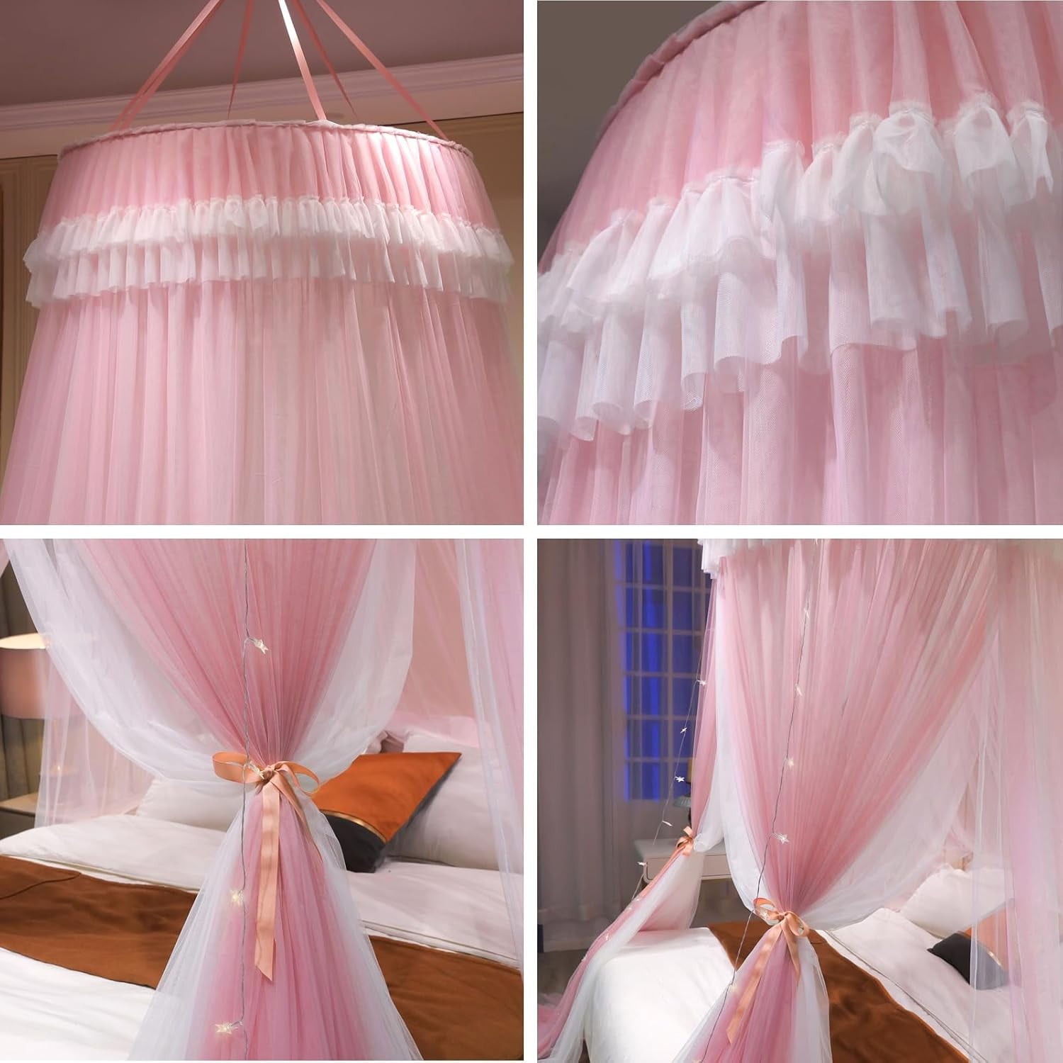 Girls and Adults Canopy Bed, Elegant Double-Layer Bed Curtain, Children's Dream Round Lace Mosquito Net, Princess Canopy Net - Fits Twin, Full, Queen, and King Beds (White/Blue)