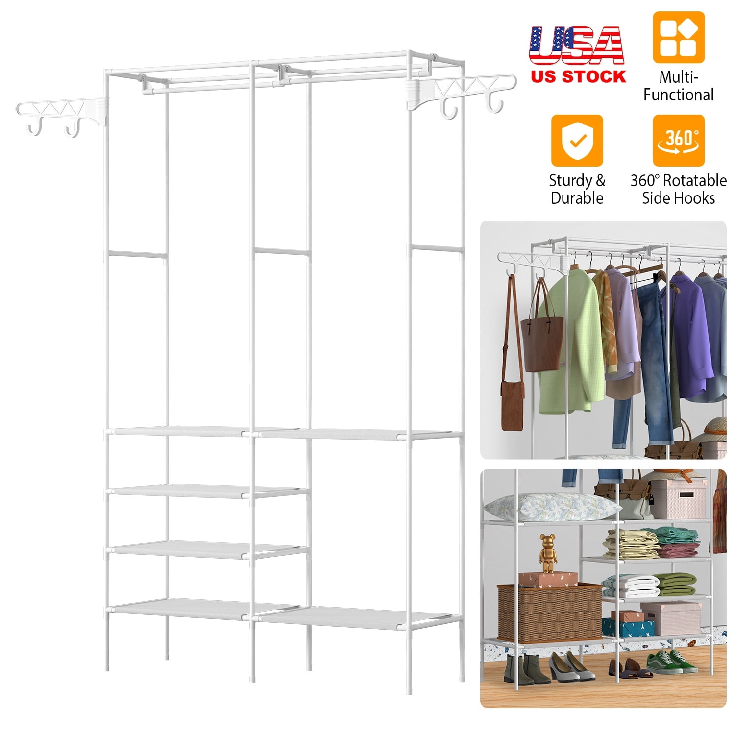 4 Layers of Shelves Closet Organizing Rack,360° Rotatable Hooks - Closet Organizer for Home & Laundry Room​