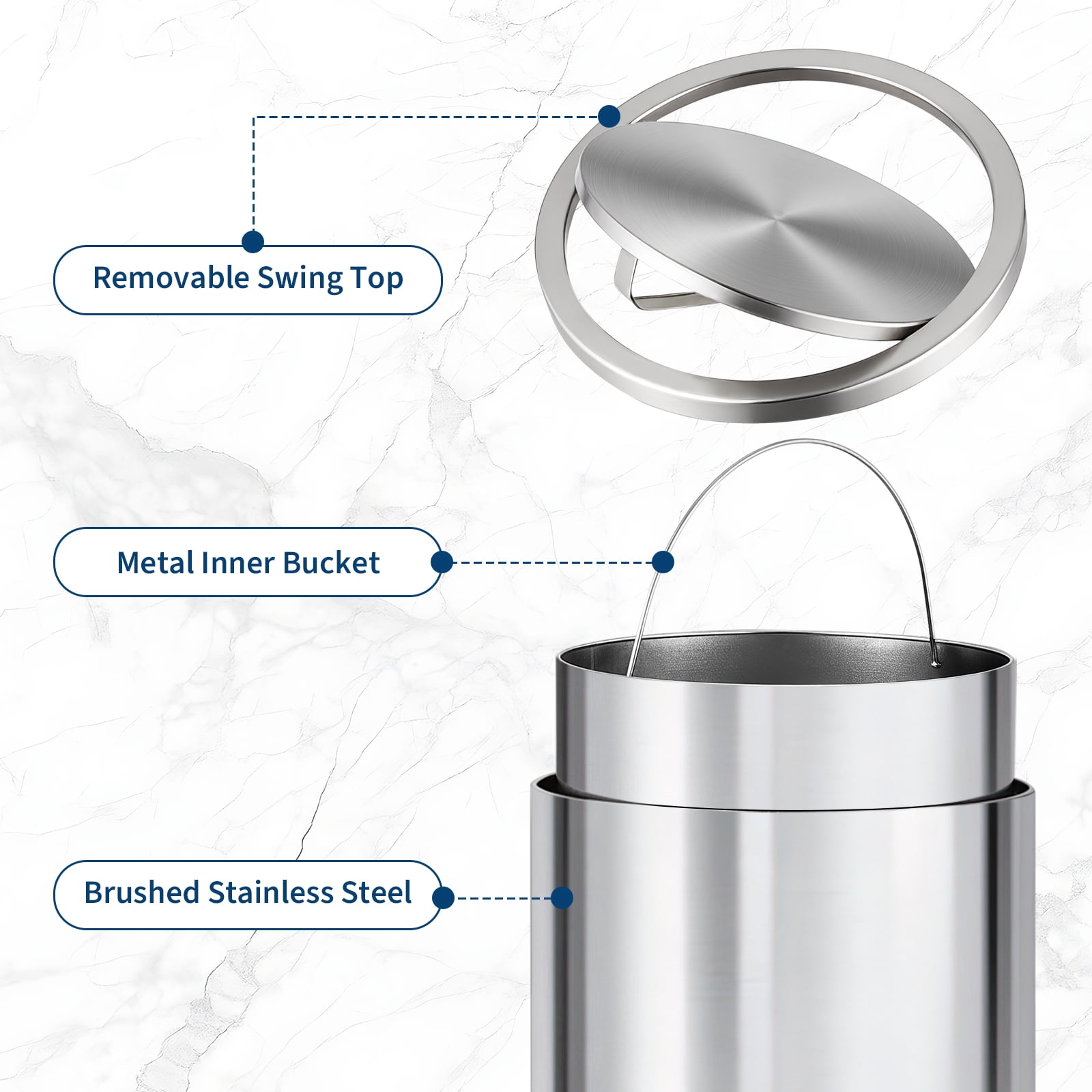 18.5 Gallon Swing Top Trash Can, Stainless Steel Kitchen & Commercial Garbage Bin for Kitchen, Bathroom, Home Office
