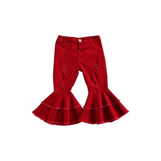 Kids Girls Flared Jeans, Solid Color High Waist Pants Ripped Trousers Close-Fitting Pants for Girls, Red/Orange