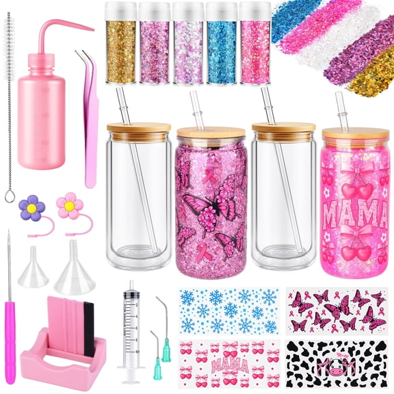 2-Pack Snow Globe Tumbler Supplies ，25 Pcs DIY  Snowglobe Cup Set– Includes 16oz Double-Wall Acrylic Tumbler, Cup Cradle, UV DTF Wraps, Holographic Glitter and More,Ideal Gifts for Girls
