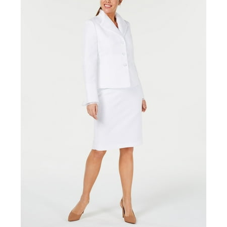 Le Suit Women's Chiffon Trim Jacquard Skirt Suit White Size 4 Petite