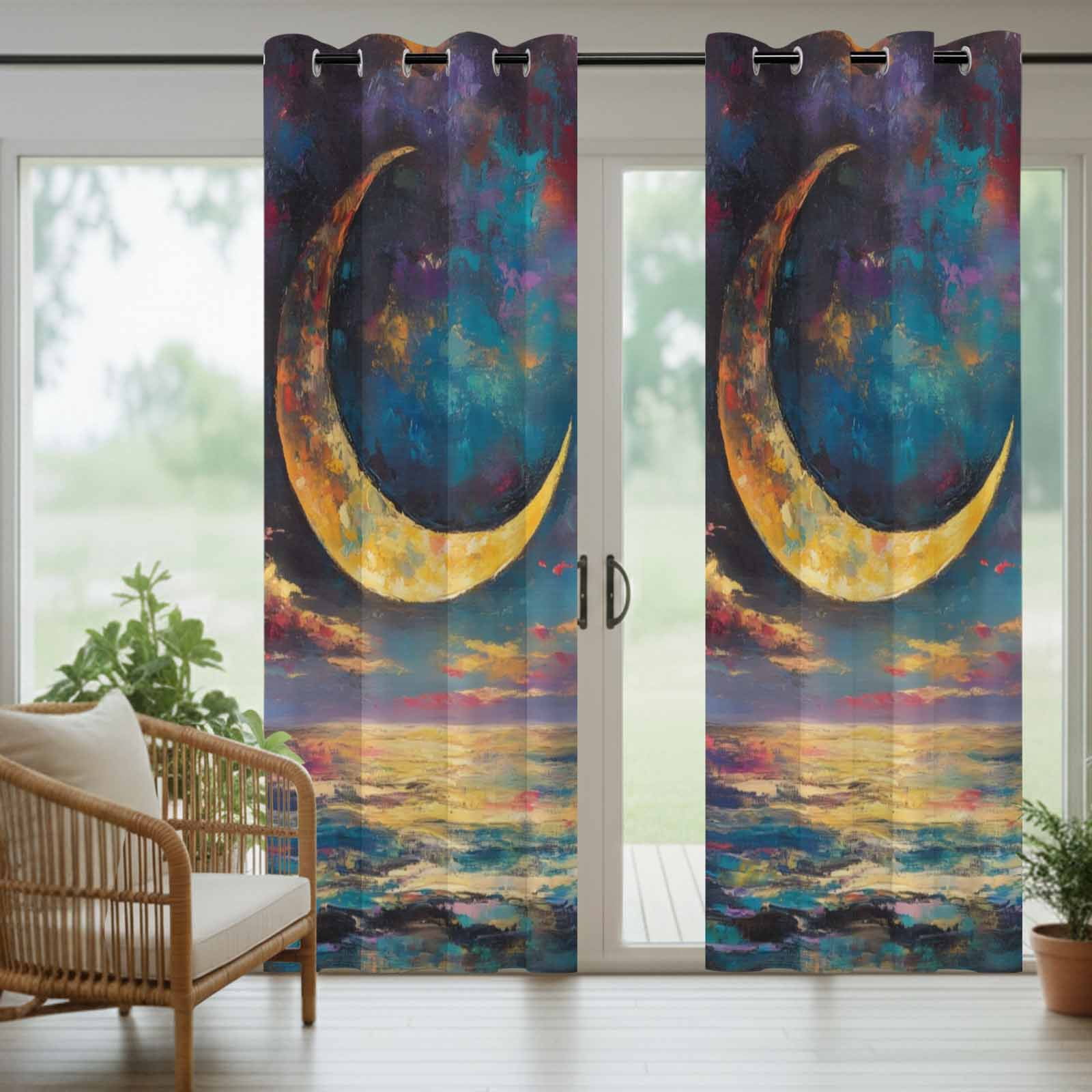 Crescent Moon Outdoor Curtains for Patio, Dreamy Gold Dark Purple Night Ocean Sunshade Privacy Drapes Grommet Waterproof Outside Curtains for Porch/Cabana/Balcony 54"x 108", 1 Panel