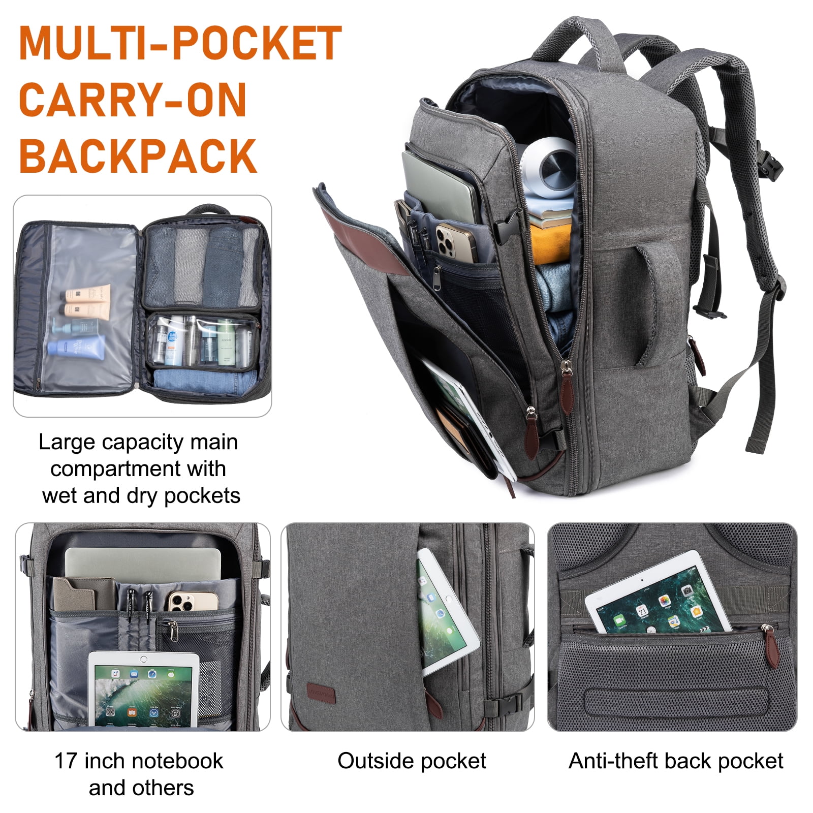 Lovevook College School Backpack, 40L Expandable Carry On Luggage Backpack Flight Approved, Large Waterproof Hiking Outdoor Overnighter Bag for Men Women