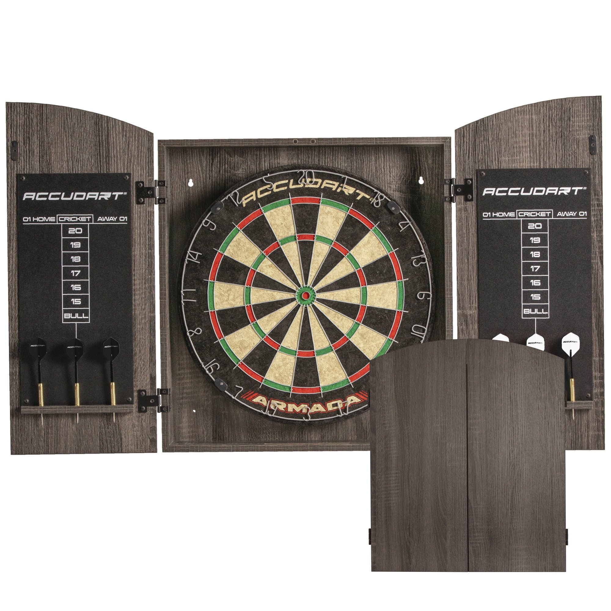 Accudart Armada Bristle Dartboard Cabinet Set - Official Size 18" x 1.5" - Self Healing Genuine Sisal - Wall Mount Cabinet Set - Round Spider Wires Reduce Bounce Outs - Rotatable Metal Number Ring