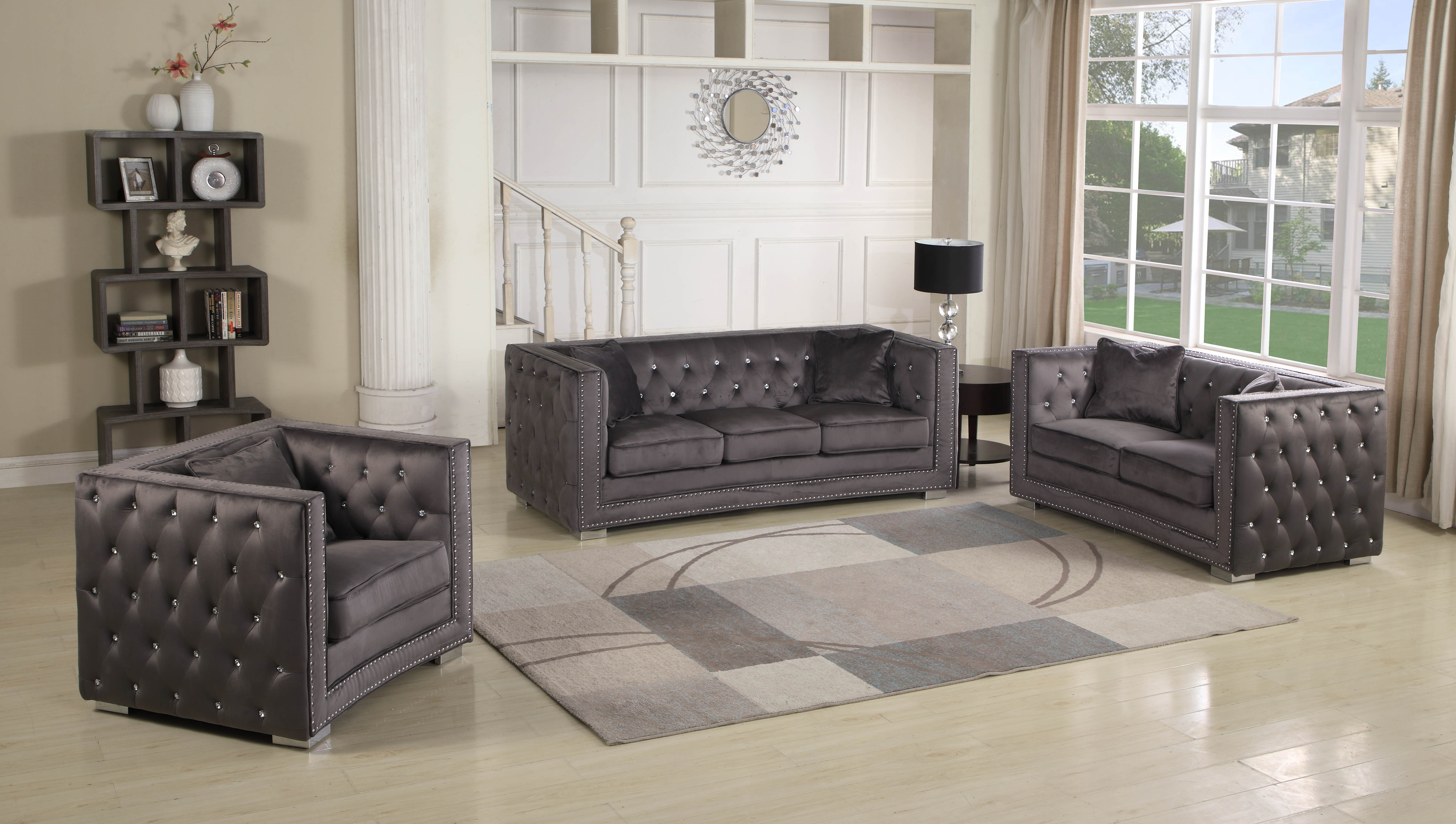 Best Master Furniture Ruby Grey Color Diamond Upholstered Velvet 3 Pcs