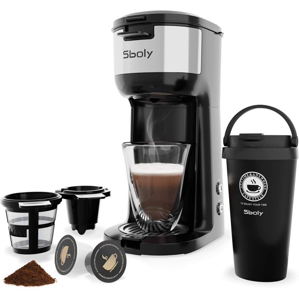 Single Cup Coffee Maker Machine with Thermal Mug, K Cup Pod and Ground