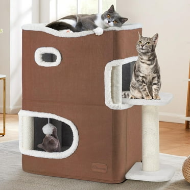 YITAHOME 2-Tier Cat House, Indoor Cat Cave Bed Playhouse, Cat Tunnels with Scratch Pad and Hideaway Cube, Cute Modern Cat Condo Furniture for Multi Small Cats, Extended (Brown)
