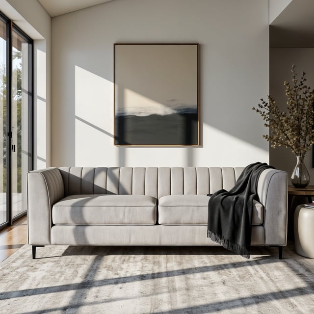 Aykah Enigma Grey 3 Seater Sofa Modern Upholstered with Channel Tufting & Metal Legs, Grey