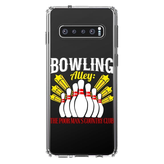 DistinctInk Clear Shockproof Hybrid Case for Samsung Galaxy S10 (6.1" Screen) - TPU Bumper Acrylic Back Tempered Glass Screen Protector - Bowling Alley The Poor Man's Country Club