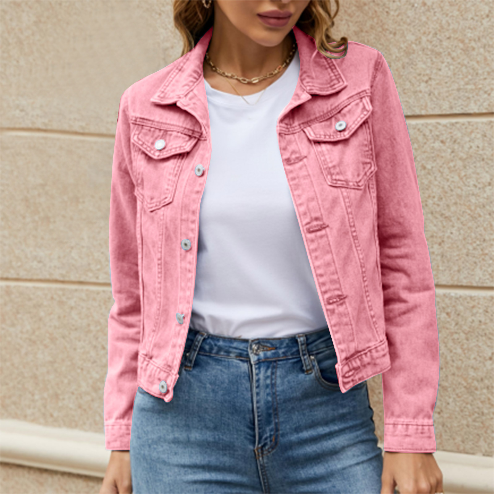 iOPQO womens sweaters Women's Basic Solid Color Button Down Denim Cotton Jacket With Pockets Denim Jacket Coat Women's Denim Jackets Pink S - image 5 of 9