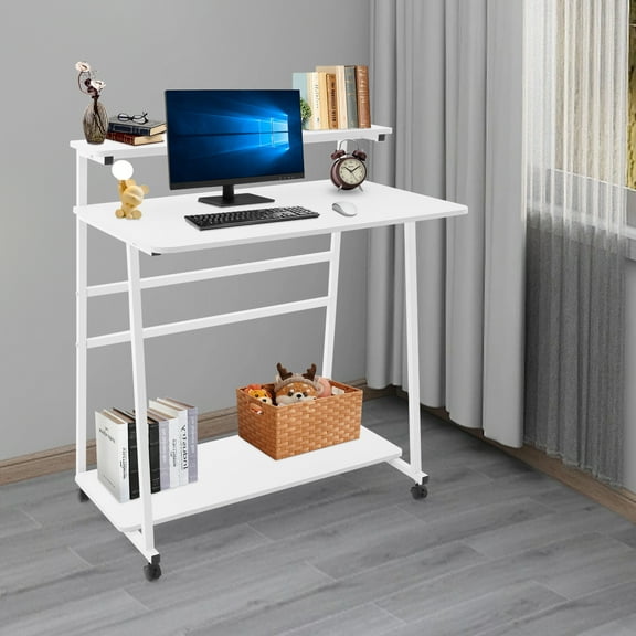 Free Standing Home Office Desk, Rolling 3-Tier Computer Desk (White)