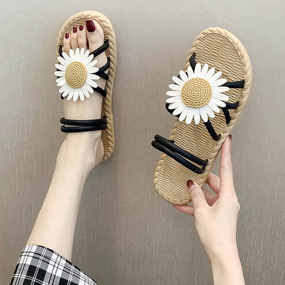 WIZUTIZ Womens Beach Sandals Flat Sandals Bohemian Sandals for Women 2025 Dressy Comfort Elastic Beach Sandals Pull-On Shoes Low Heel (1"-2") Medium Solid Sandals for Ladies Vacation Black