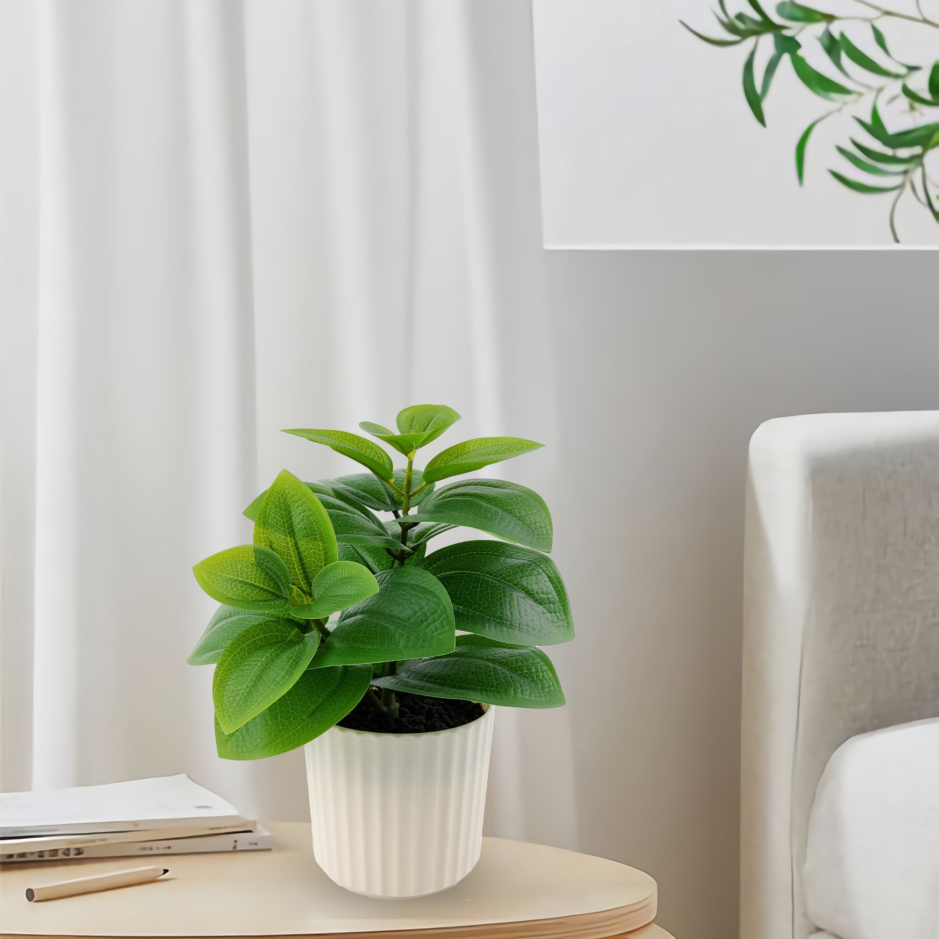 Mainstays 9 in Artificial Peperomia Plant in White Pot, Green Color, 0.5lb Weight.