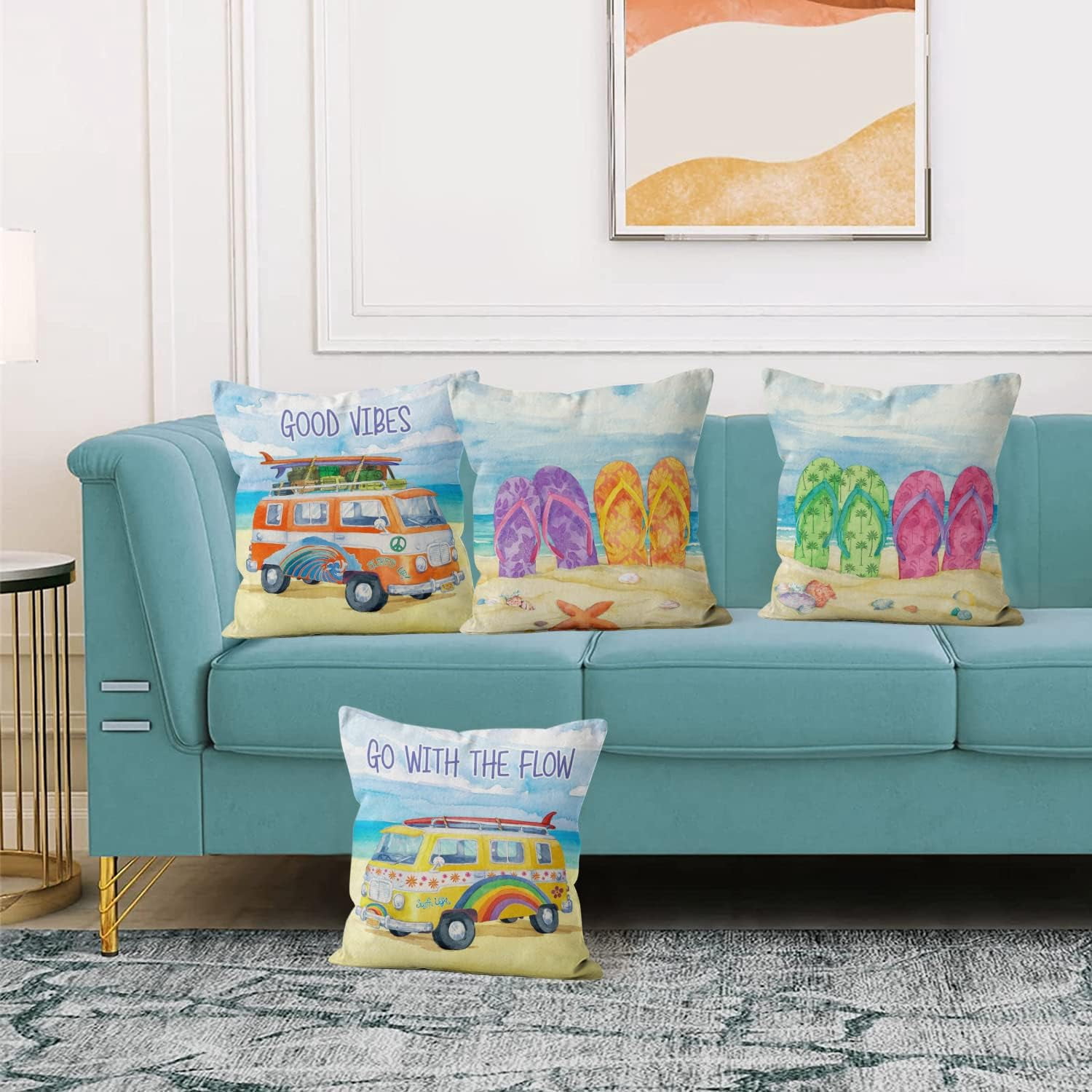 Summer Beach Pillow Covers 20x20 Set of 4, Summer Outdoor Decor Throw Pillow Covers Flip Flops Pillowcase Sea Ocean Cushion Case for Home Living Room Yard