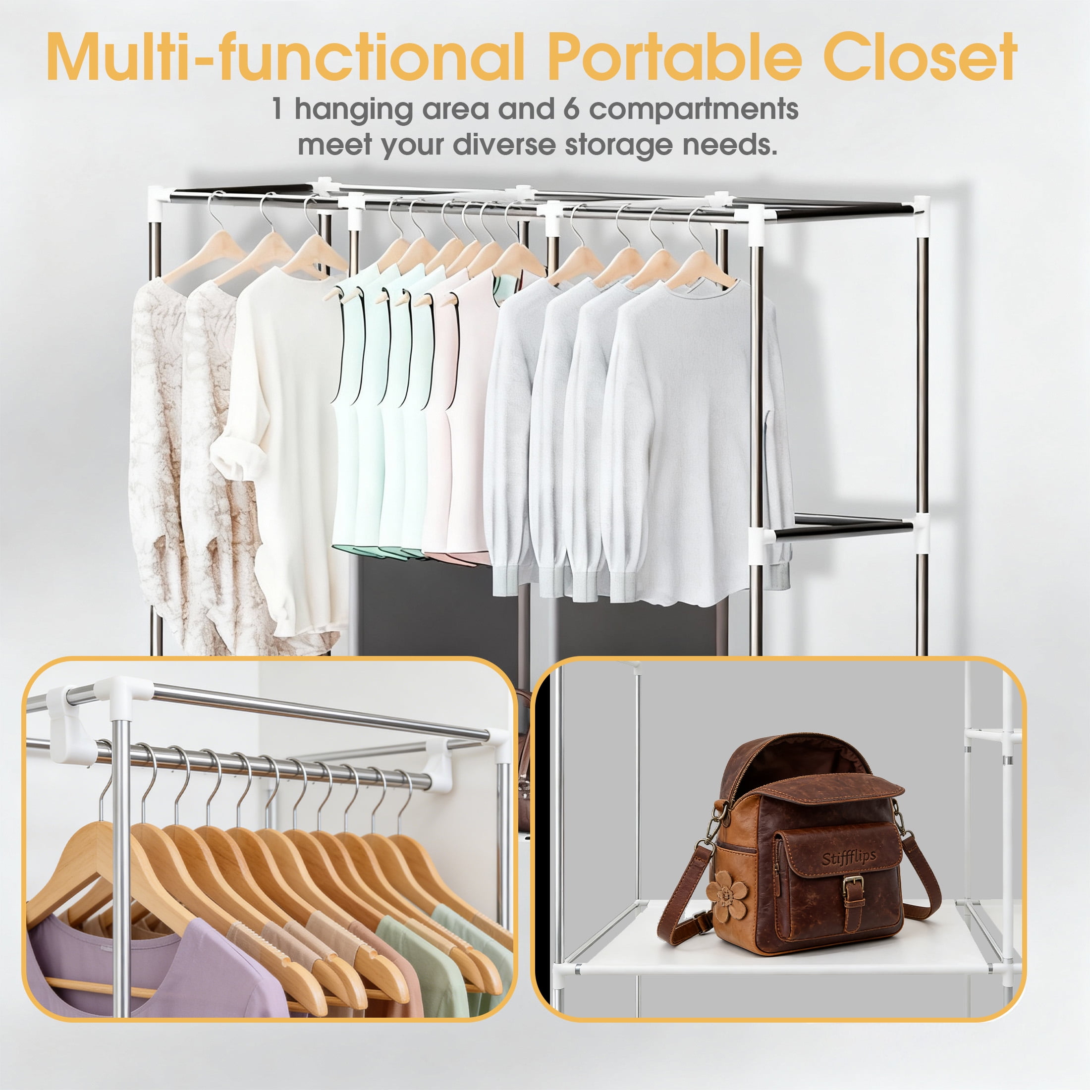CISILOV Portable Closet Organizers, Wardrobe Closet with 1 Hanging Rod, 6 Storage Shelves & 2 Side Pockets, Free Standing Closet Clothes Organization & Storage with Cover for Bedroom, Dorm