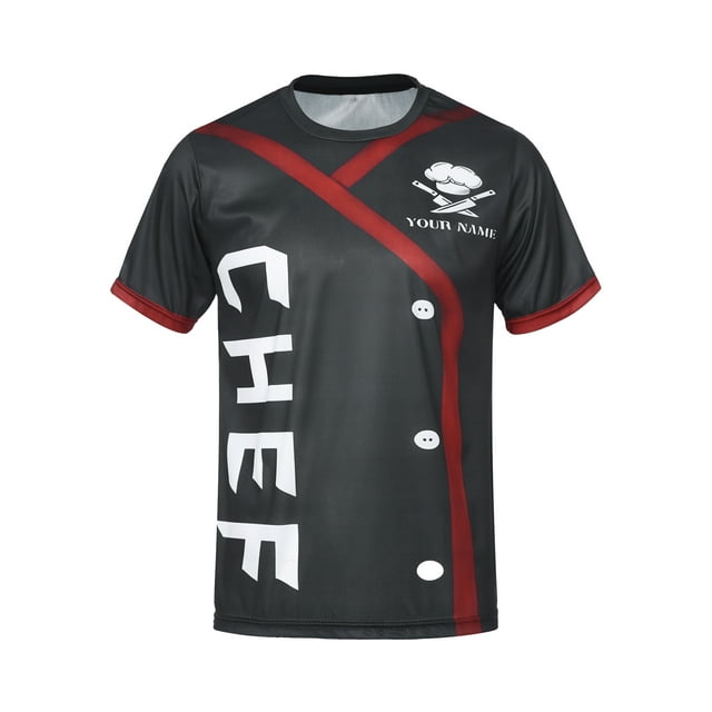 TiaoBug Men Chef Print Contrast Color Restaurant Kitchen Chef Shirt Costume Round Neck Short Sleeve Tee Top Black M