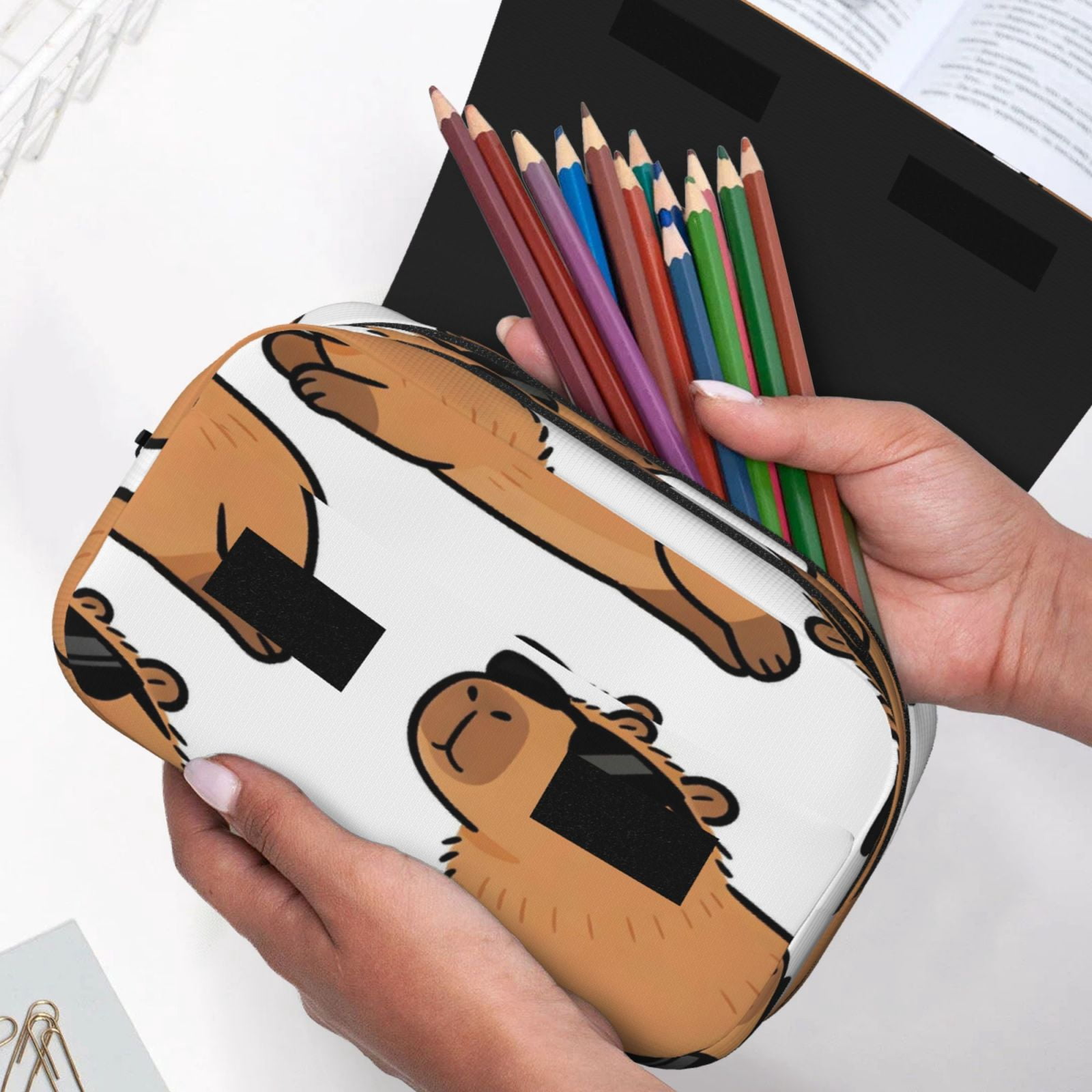 Large-Capacity Flip-Top Double-Layer Pencil Case, Multi-Functional Pocket Pen Case, Durable Stationery Organizer Cartoon Capybara (5)