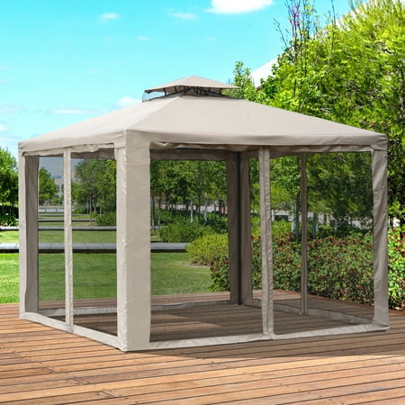 Outsunny 10’ x 10’ Steel Fabric 2.95m /9.7' Outdoor Patio Gazebo Pavilion Canopy Tent Steel 2-tier Roof with Netting Square Outdoor Gazebo with Mosquito Netting - Taupe