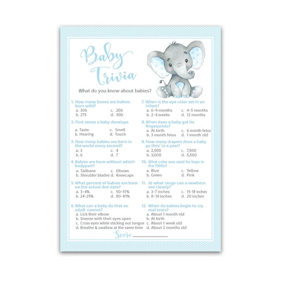 BLUE ELEPHANT Baby Shower Game — BABY TRIVIA Games — Pack of 25 — BOY Baby Shower Games, Fun Baby Facts Games, Baby Boy Shower Activity, Blue Polka Dot Baby Elephant Baby Shower Games G501-TRV