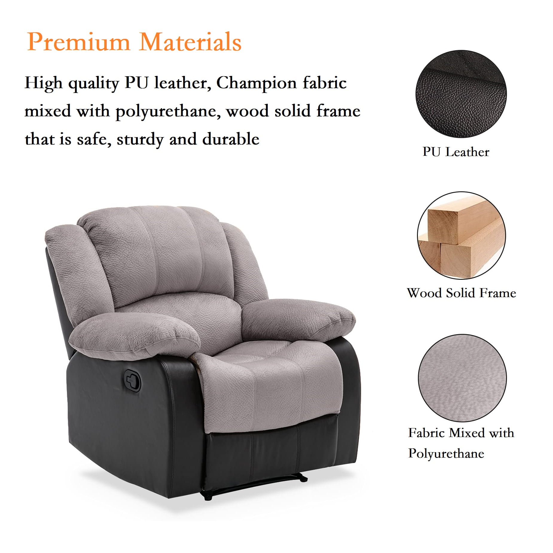 Nathaniel Home Manual Single Reclining Sofa, Champion PU Leather Upholstered Couch, Tufted Recliner, Plush Scoop Seating, for Living Room Home Theater, Gray