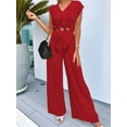 thumbnail image 3 of Women'S Summer 2 Piece Outfits 2025 Cap Sleeve V Neck Belted Crop Tops Wide Leg Pants Sets Casual Tracksuit Red S, 3 of 5