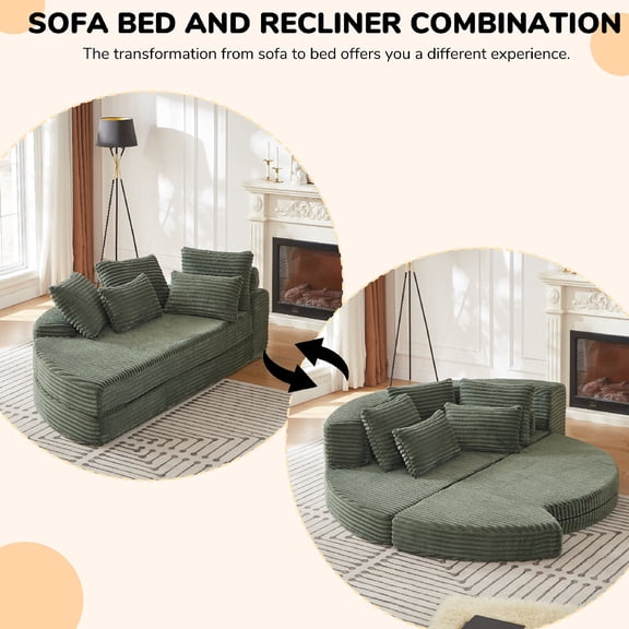 78.5" Corduroy Boneless Round Oversized Sofa Couch Converts into 2 Recliners, 2-in-1 Sofa Bed, Convertible Lounge Chair Neck Pillow Design with 5 Throw Pillows for Bedroom, Apartment, Black
