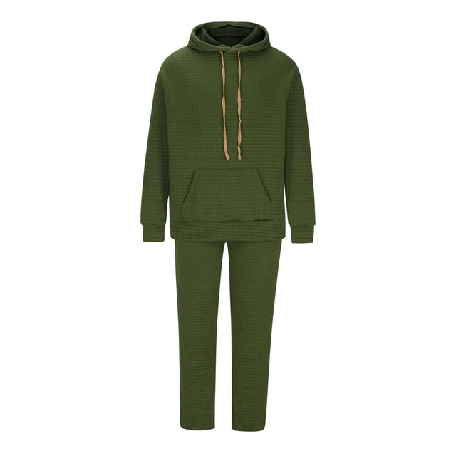 WRKEKC Men Tracksuit Hooded Pullover Top with Pocket Jacquard Check Pattern Long Sleeve and Pants Two Piece Set for Sporty Casual Style