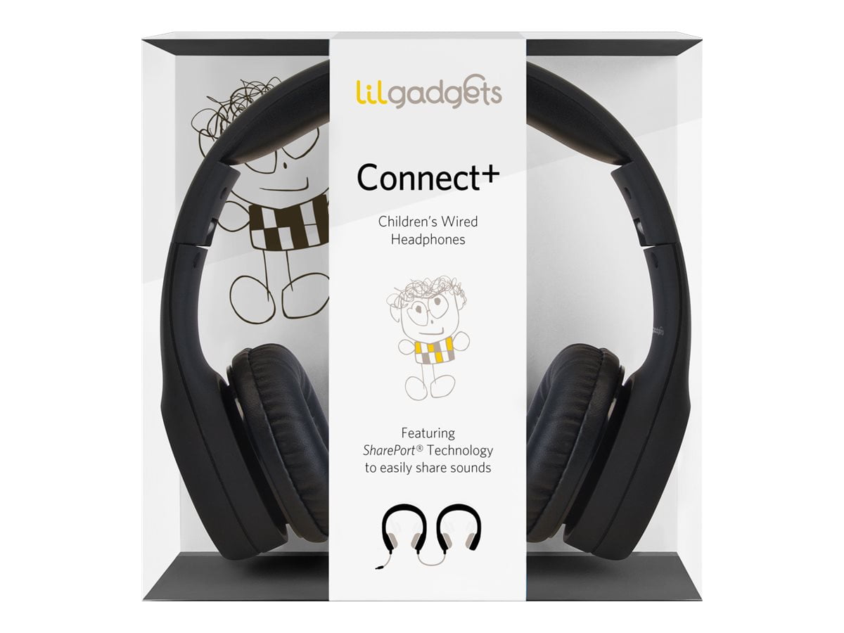 LilGadgets Connect+ Kids Headphones Wired with Microphone, Volume Limiting for Safe Listening, Adjustable Headband, Cushioned Earpads for Comfort, Noise Cancelling Headphones for Kids, Black