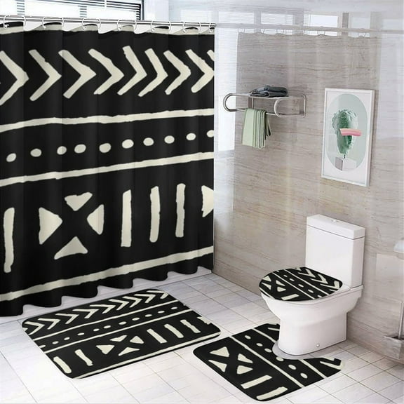 African Mud Cloth Black And White Shower Curtain Waterproof Bathroom Curtain Set with Hooks Home Decor Bathroom Curtains 4pcs
