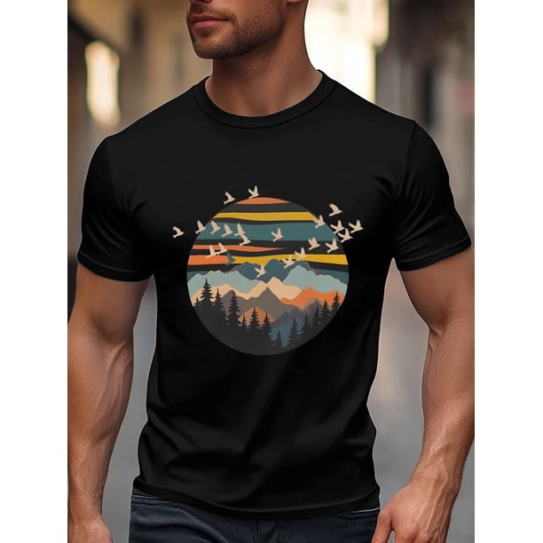 Men's T-Shirt,Short Sleeve Tee Shirt Casual Tops Mountain Forest Birds Crewneck T Shirts for Men