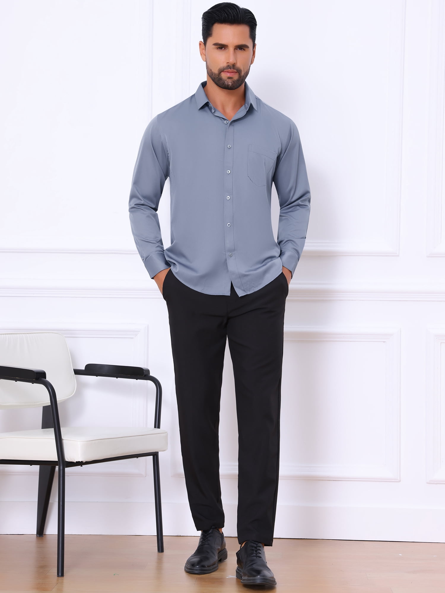 DARING DIVA Men's Point Collar Button Long Sleeve Business Shirts L Gray