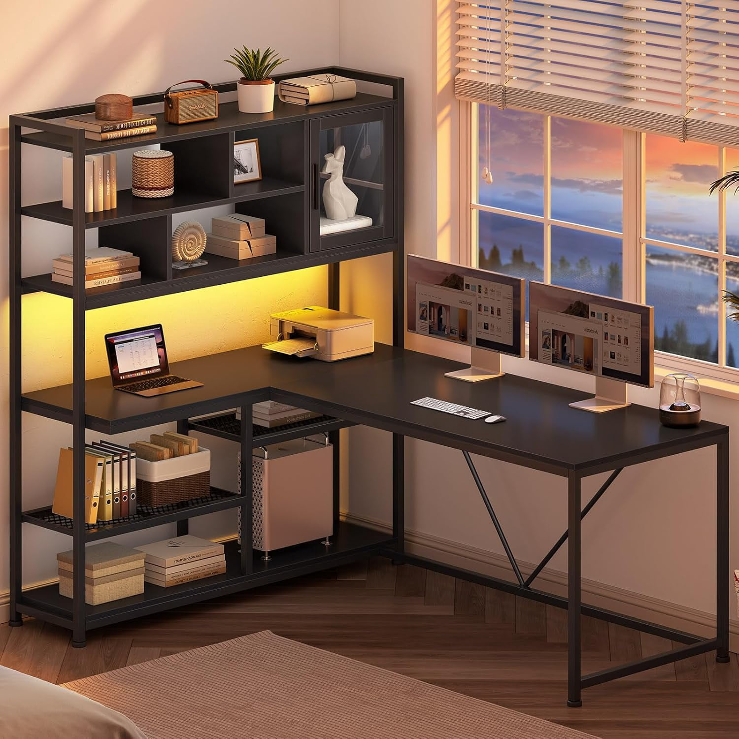 Reversible Gaming Desk with LED Lights & Hutch, L Shaped Computer Desk with 7-Tier Storage Shelves & Glass Cabinet, Black