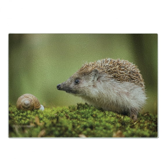 Hedgehog Cutting Board, Animal Photography in Eastern Europe Slug with Hedgehog Scenes from Nature Print, Decorative Tempered Glass Cutting and Serving Board, Small Size, Green Brown, by Ambesonne