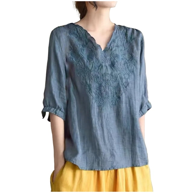 Pisexur Haut à Manches Courtes à Col Rond Brodé Rétro à la Mode pour Femmes, Hauts pour Femmes, Blouses Habillées Décontractées, Hauts pour Femmes Bleu, 3TG