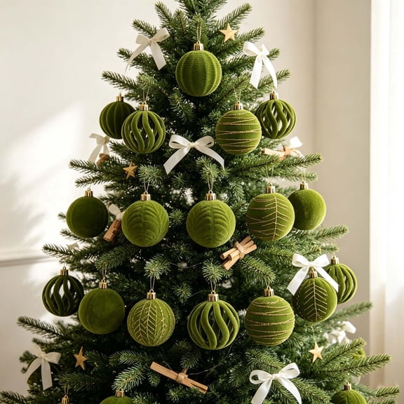 30 Pcs Velvet Christmas Tree Ornaments Olive Green Flocked Christmas Balls Shatterproof Plastic Hanging Ornaments with Gold Glitter Assorted Baubles for Tree Holiday Home Decor