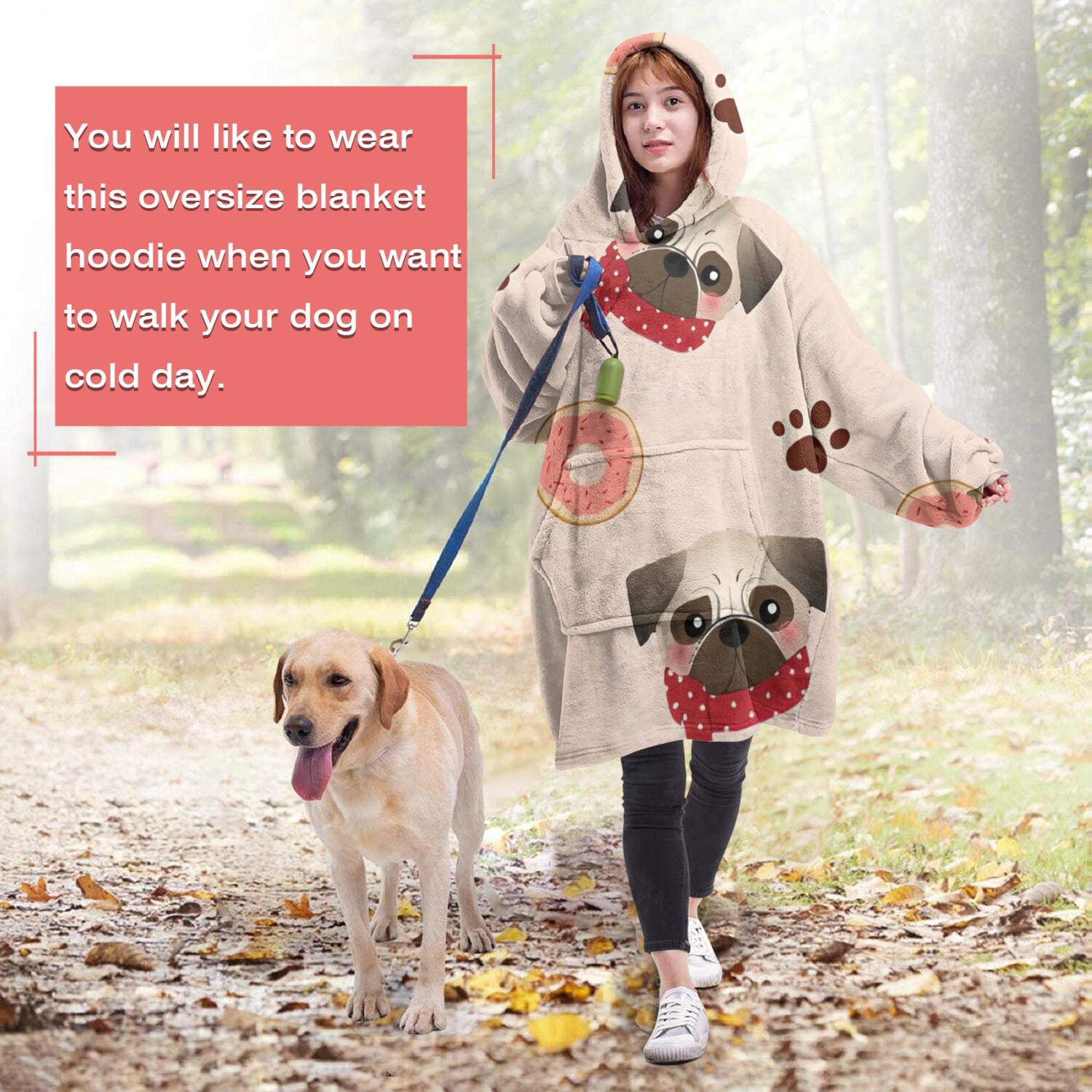 Pug and Donut Wearable Oversized Blanket,Wearable Blanket Hoodie for Adults,Cozy Hooded Blankets with Super Pockets,Super Warm Fuzzy Pullover for Women & Men