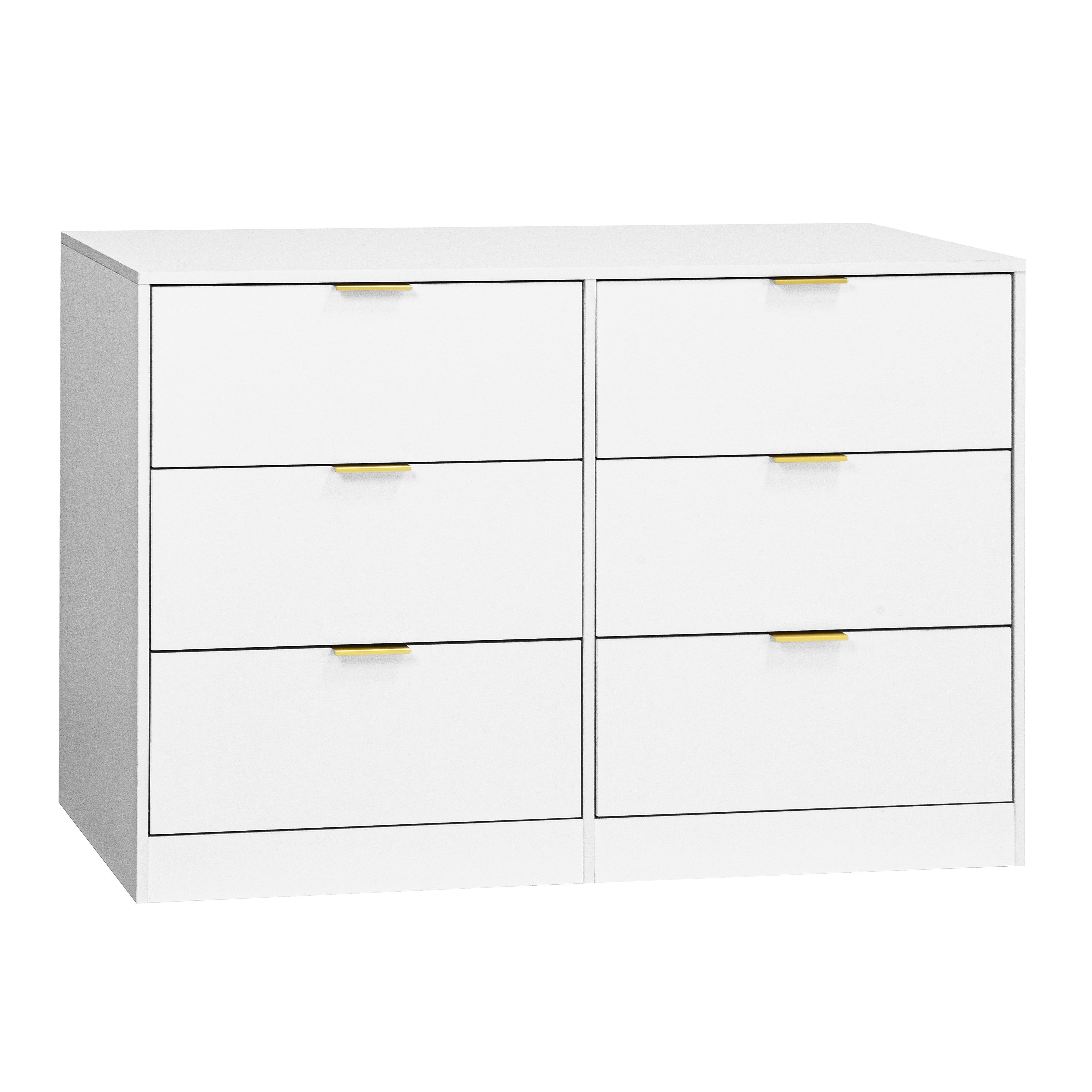 Mintazer Wide Dresser with 6 Drawers, Storage Chest of Drawers with Gold Metal Handles for Entryway Bedroom Living Room Hallway, White