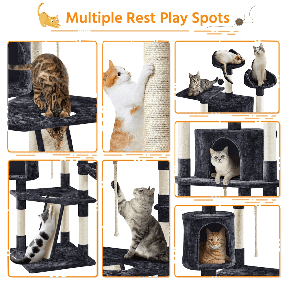 Alden Design 79″ H Multilevel Cat Tree with 2 Condos Basket Scratching Posts, Black