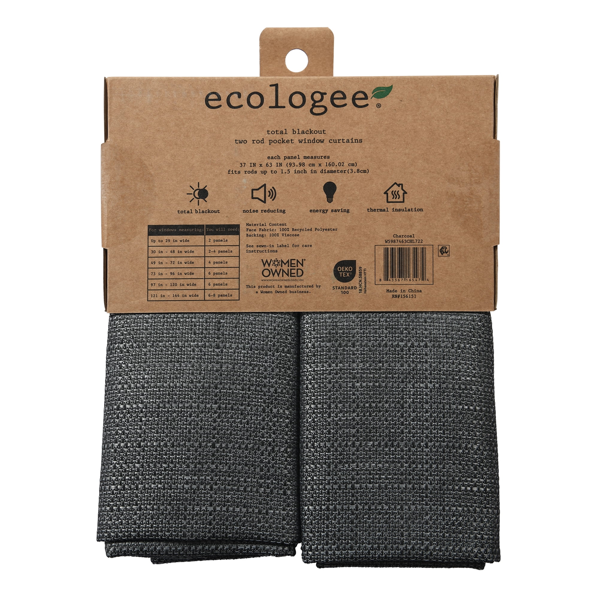 Ecologee Wakefield Textured 100% Blackout Rod Pocket Indoor Curtain Panel Pair, Charcoal, 37" W x 63" L