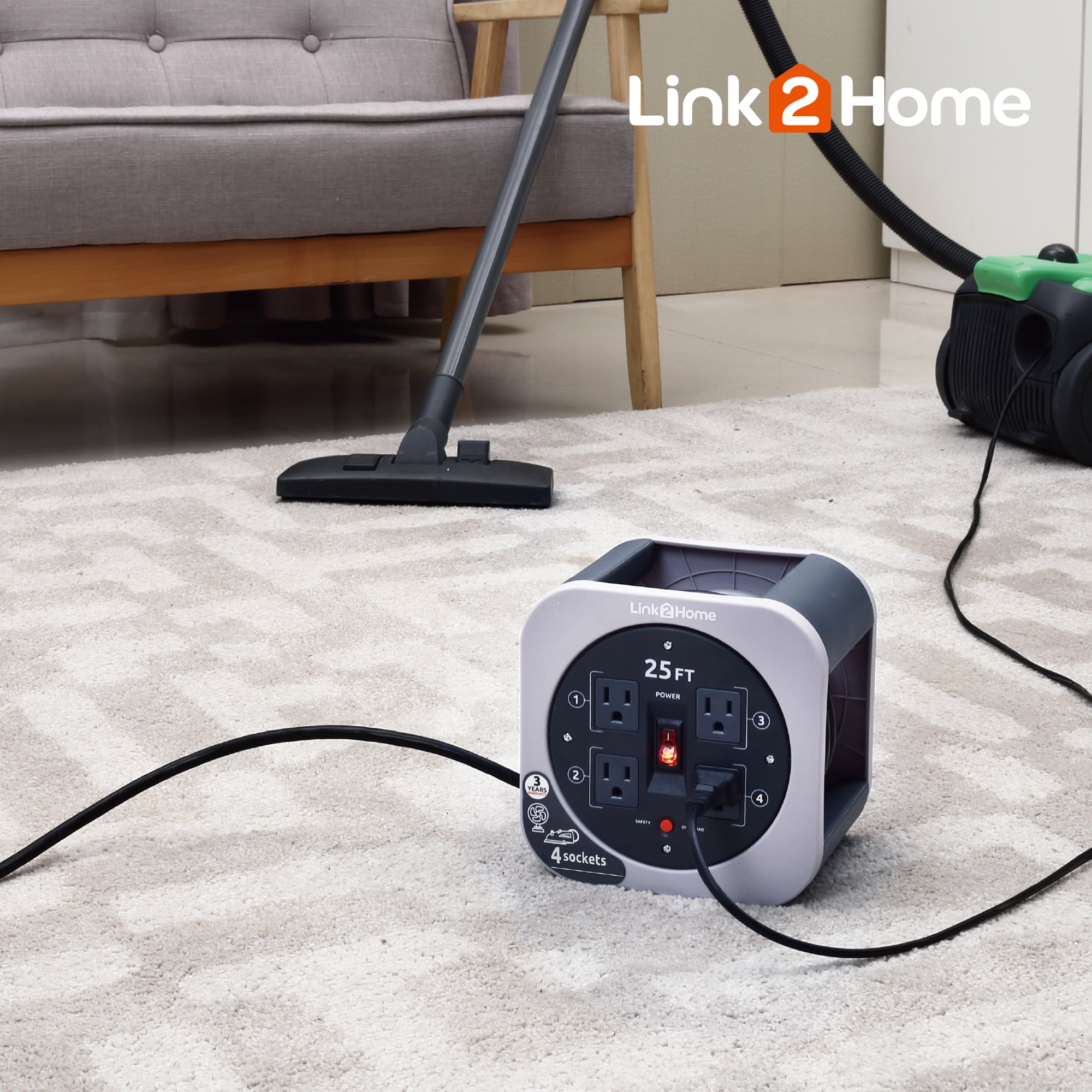 Link2Home Extension Cord Reel 25 ft. with 4 Power Outlets, 16 AWG