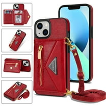 Crossbody Wallet Women Case for iPhone 14,Credit Card Pocket Zipper Pouch with Shoulder Strap, PU Leather Kickstand Back Flip Envelope Design For iPhone 14, Red
