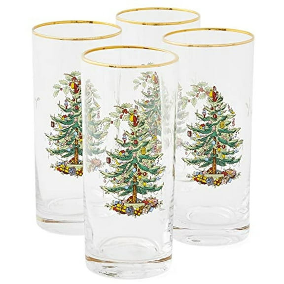Spode Christmas Tree 15oz Highball Glasses, Set of 4 - Gold-Rimmed Elegant Holiday-Themed Glassware, Festive Holiday Drinkware for Christmas Parties, New Year’s Toasts & Festive Occasions