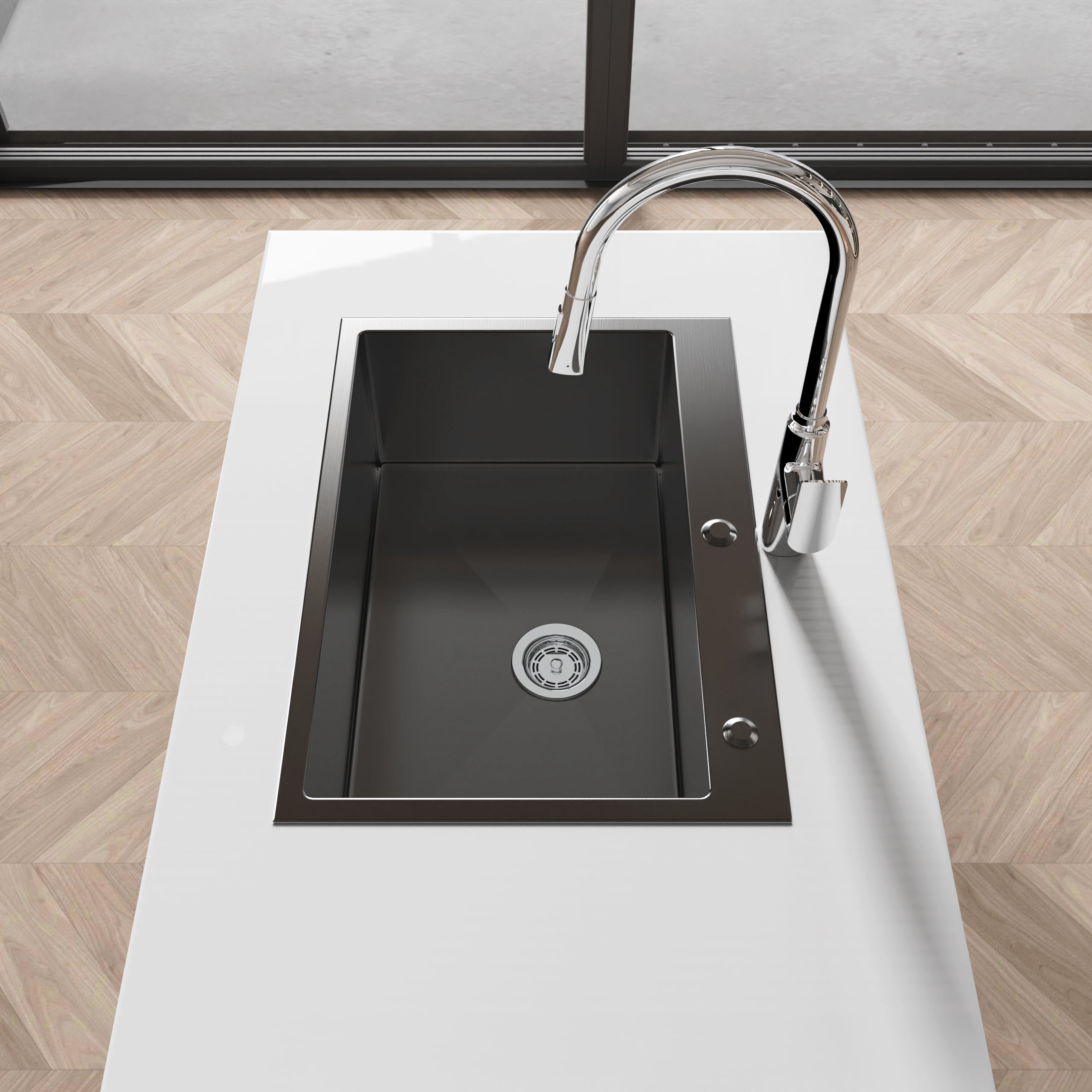 Izzovium 27"x19" Single Bowl Black Stainless Steel Kitchen Sink, Overmount Handmade Design with US Standard Drain and Hook, 304 Gauge 20 Steel, Sound Absorbing & Fingerprint Resistant